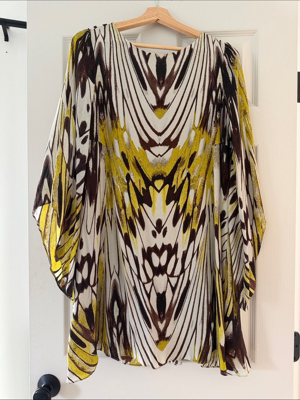 Anthropology Print Sheer Tunic Dress in White, Brown & Yellow